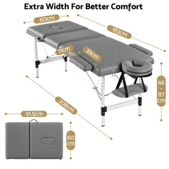 Zenses 3-Fold Portable Massage Table 60cm Adjustable Backrest & Height, Aluminium Beauty Bed Grey