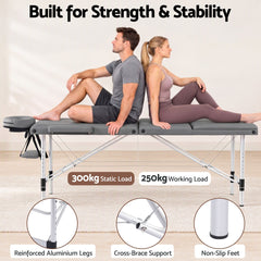 Zenses 3-Fold Portable Massage Table 60cm Adjustable Backrest & Height, Aluminium Beauty Bed Grey