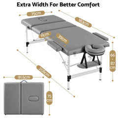 Zenses 3-Fold Portable Massage Table 75cm Adjustable Backrest & Height, Aluminium Beauty Bed Grey