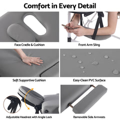 Zenses 3-Fold Portable Massage Table 75cm Adjustable Backrest & Height, Aluminium Beauty Bed Grey