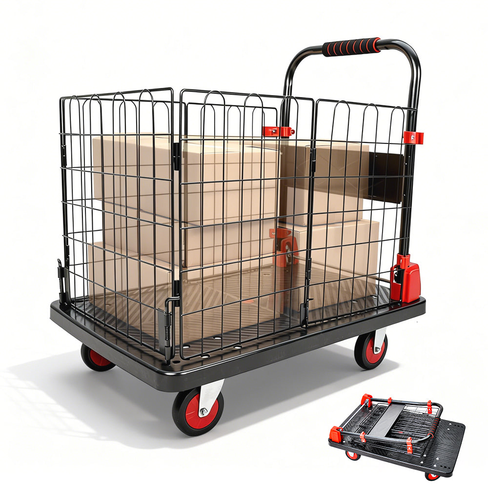 Folding Utility Mesh Cart Heavy-Duty Platform Dolly Collapsible Cage and Swivel Wheels Portable Hand Truck Outdoor Warehouse Garage 500kg Capacity