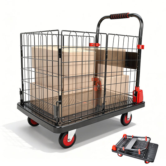 Folding Utility Mesh Cart Heavy-Duty Platform Dolly with Collapsible Cage and Swivel Wheels Portable Hand Truck for Outdoor Warehouse Garage 500kg Capacity