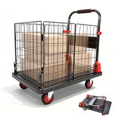 Folding Utility Mesh Cart Heavy-Duty Platform Dolly Collapsible Cage and Swivel Wheels Portable Hand Truck Outdoor Warehouse Garage 500kg Capacity
