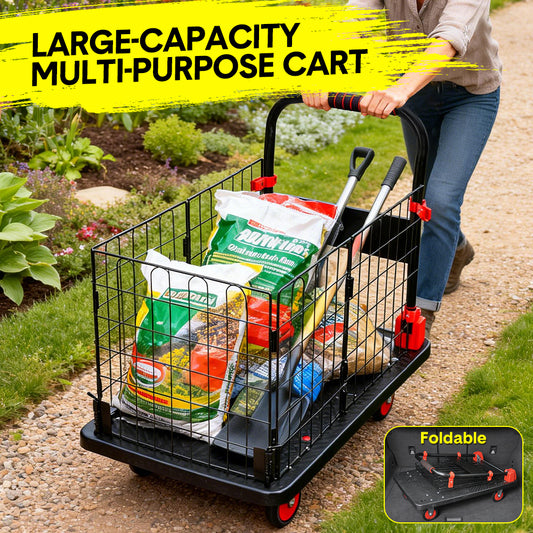 Folding Utility Mesh Cart Heavy-Duty Platform Dolly with Collapsible Cage and Swivel Wheels Portable Hand Truck for Outdoor Warehouse Garage 500kg Capacity