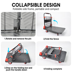 Folding Utility Mesh Cart Heavy-Duty Platform Dolly Collapsible Cage and Swivel Wheels Portable Hand Truck Outdoor Warehouse Garage 500kg Capacity