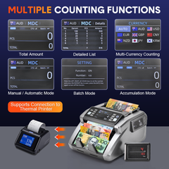 Money Counter Mixed Denomination Auto Bill Counter Multi Currency Value Count with CIS/UV/MG/IR Counterfeit Detection and Dual-Screen Display for Business
