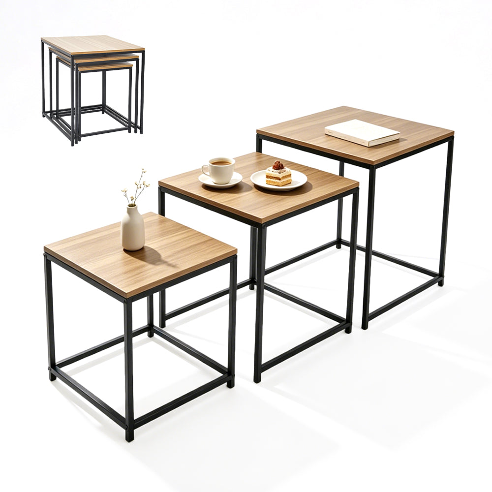 Nesting Coffee Table Set of 3 Square Stackable Side Table with Wooden Top and Metal Frame for Home Living Room Bedroom Apartment Small Spaces Space-Saving