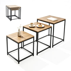 Nesting Coffee Table Set of 3 Square Stackable Side Table with Wooden Top and Metal Frame for Home Living Room Bedroom Apartment Small Spaces Space-Saving