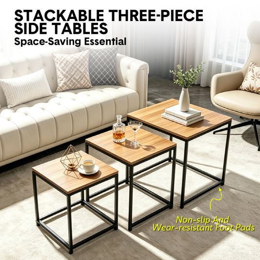 Nesting Coffee Table Set of 3 Square Stackable Side Table with Wooden Top and Metal Frame for Home Living Room Bedroom Apartment Small Spaces Space-Saving
