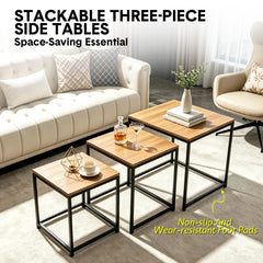 Nesting Coffee Table Set of 3 Square Stackable Side Table with Wooden Top and Metal Frame for Home Living Room Bedroom Apartment Small Spaces Space-Saving