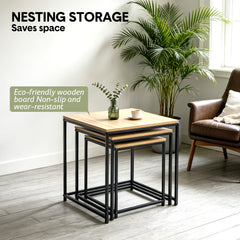 Nesting Coffee Table Set of 3 Square Stackable Side Table with Wooden Top and Metal Frame for Home Living Room Bedroom Apartment Small Spaces Space-Saving