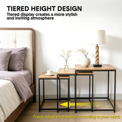 Nesting Coffee Table Set of 3 Square Stackable Side Table with Wooden Top and Metal Frame for Home Living Room Bedroom Apartment Small Spaces Space-Saving