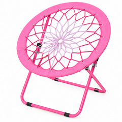 Folding Bungee Dish Chair 110kg Capacity Portable Round Lounge Seat Reinforced Rope Web Foldable Relaxation Chair for Bedroom Camping Outdoor Pink