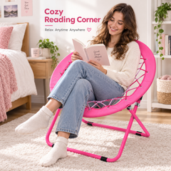 Folding Bungee Dish Chair 110kg Capacity Portable Round Lounge Seat Reinforced Rope Web Foldable Relaxation Chair for Bedroom Camping Outdoor Pink