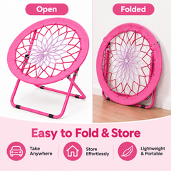 Folding Bungee Dish Chair 110kg Capacity Portable Round Lounge Seat Reinforced Rope Web Foldable Relaxation Chair for Bedroom Camping Outdoor Pink