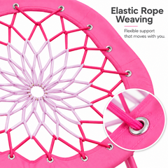 Folding Bungee Dish Chair 110kg Capacity Portable Round Lounge Seat Reinforced Rope Web Foldable Relaxation Chair for Bedroom Camping Outdoor Pink