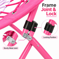 Folding Bungee Dish Chair 110kg Capacity Portable Round Lounge Seat Reinforced Rope Web Foldable Relaxation Chair for Bedroom Camping Outdoor Pink