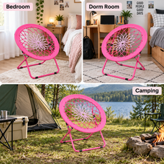Folding Bungee Dish Chair 110kg Capacity Portable Round Lounge Seat Reinforced Rope Web Foldable Relaxation Chair for Bedroom Camping Outdoor Pink