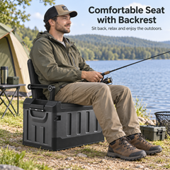 60L Foldable Storage Box with Lid Seat Backrest 150kg Capacity Plastic Car Trunk Organizer for Camping Fishing Travel Gear Storage Portable Black