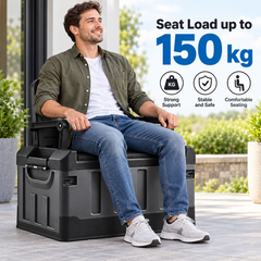 60L Foldable Storage Box with Lid Seat Backrest 150kg Capacity Plastic Car Trunk Organizer for Camping Fishing Travel Gear Storage Portable Black