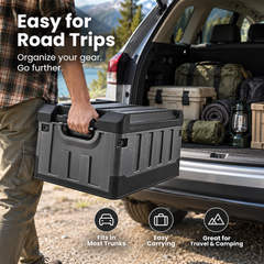 60L Foldable Storage Box with Lid Seat Backrest 150kg Capacity Plastic Car Trunk Organizer for Camping Fishing Travel Gear Storage Portable Black