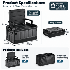 60L Foldable Storage Box with Lid Seat Backrest 150kg Capacity Plastic Car Trunk Organizer for Camping Fishing Travel Gear Storage Portable Black