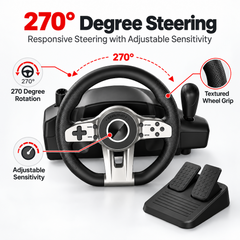 Gaming Racing Steering Wheel 270 Degree Dual Motor Vibration Pedals Gear Shifter for PS5 PS4 PS3 Xbox Series X One 360 Switch PC