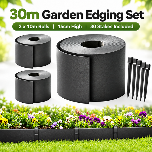 3x10m Landscape Edging Border Flexible Garden Rolls PE Insulating Belt 15cm Tall with 30 Stakes for Flower Beds Yard Paver Weather Resistant Divider Black