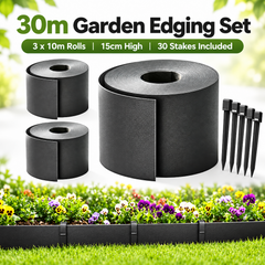 3x10m Landscape Edging Border Flexible Garden Rolls PE Insulating Belt 15cm Tall with 30 Stakes for Flower Beds Yard Paver Weather Resistant Divider Black