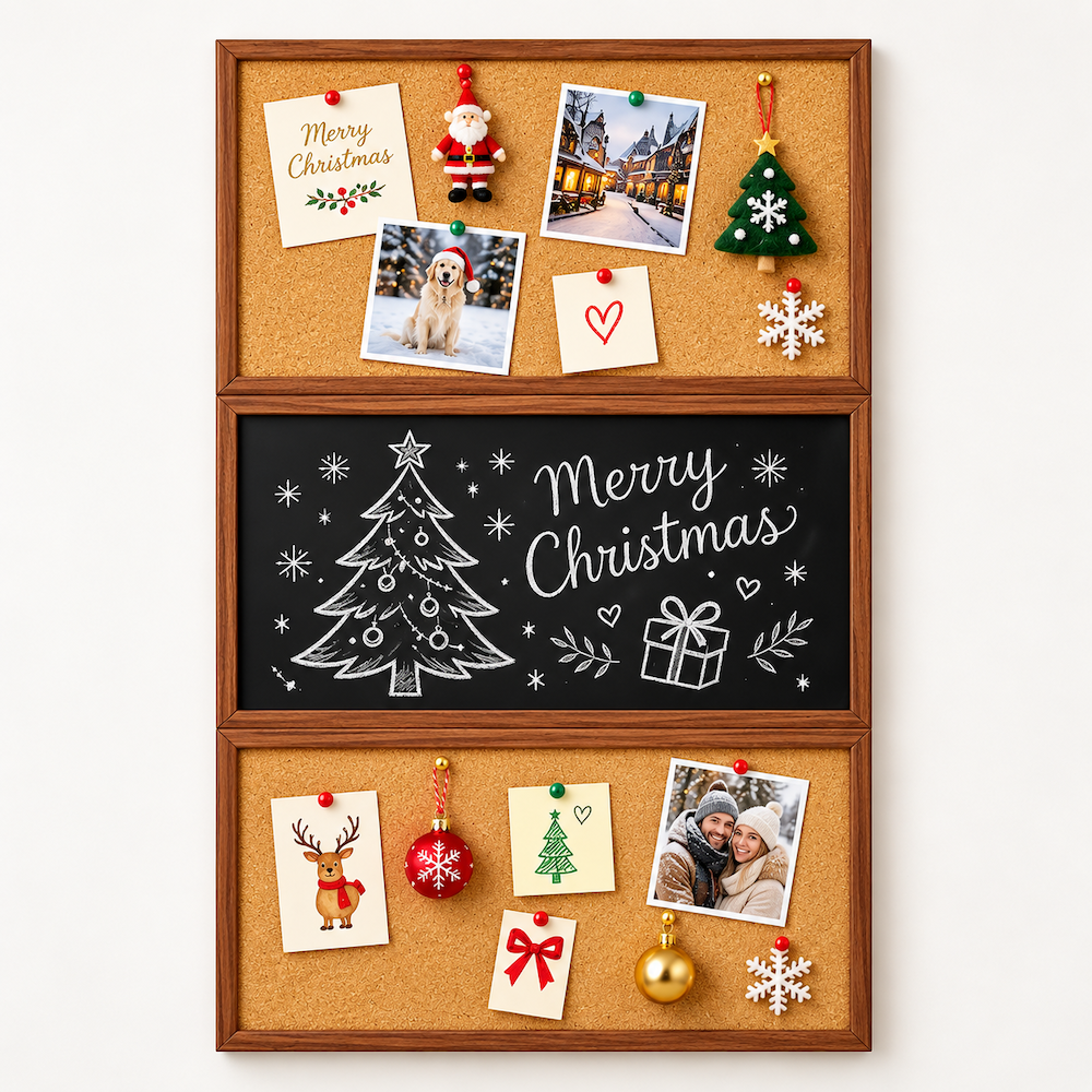 3 Panel Cork Board Magnetic Chalkboard Combo Wall Mounted Framed Notice Board Includes Push Pins for Photos Notes Memos Home Office And Classroom 60x90cm