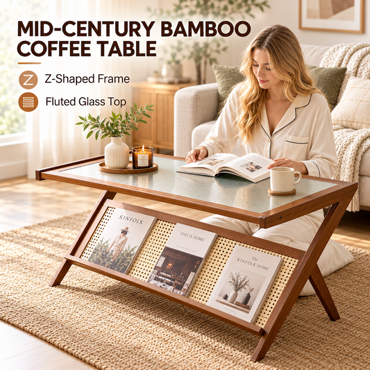 Rattan Coffee Table 104cm Mid-Century Modern Z-Shaped Boho Center Table with Fluted Glass Top and Storage for Living Room Small Space Apartment Brown