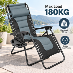 Folding Zero Gravity Recliner Chair 90 to 170 Degree Adjustable Outdoor Lounge with Headrest Side Tray Cup Holder 180kg Capacity Grey Patio Chair