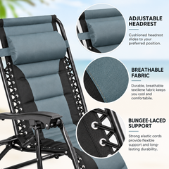 Folding Zero Gravity Recliner Chair 90 to 170 Degree Adjustable Outdoor Lounge with Headrest Side Tray Cup Holder 180kg Capacity Grey Patio Chair