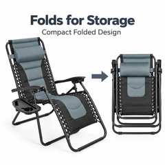Folding Zero Gravity Recliner Chair 90 to 170 Degree Adjustable Outdoor Lounge with Headrest Side Tray Cup Holder 180kg Capacity Grey Patio Chair