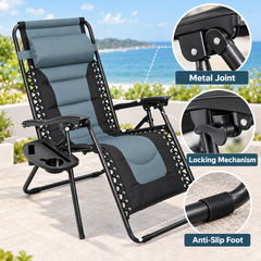 Folding Zero Gravity Recliner Chair 90 to 170 Degree Adjustable Outdoor Lounge with Headrest Side Tray Cup Holder 180kg Capacity Grey Patio Chair