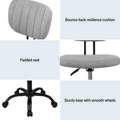 Artiss Armless Office Chair with Wheels, Ergonomic 360° Swivel Home Office Desk Chair, Height Adjustable Computer Task Chair with Fabric Back and Seat for Small Space, Grey