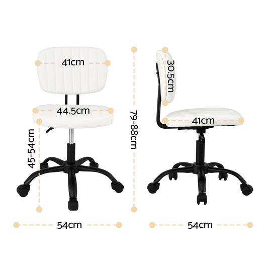 Artiss Armless Office Chair with Wheels, Ergonomic PU Leather Office Desk Chair, Height Adjustable 360° Swivel Computer Task Chair for Home Office, Study Room & Small Space, White