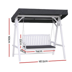 Gardeon Outdoor Wooden Swing Chair Garden Bench Canopy Cushion 3 Seater White