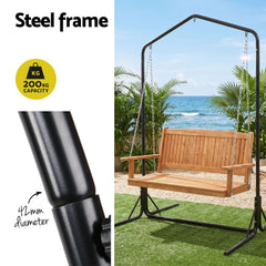 Gardeon Wooden 2-Seater Outdoor Swing Chair with Black Stand Hanging Chair Patio Furniture