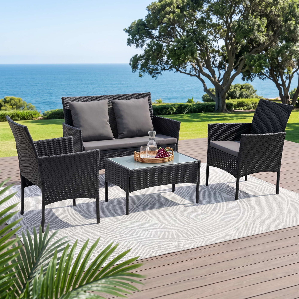 Gardeon 4-Piece Outdoor Sofa Set with Two Pillows Rattan Furniture Black