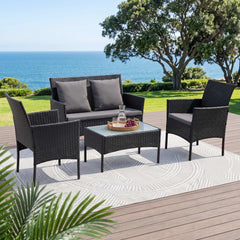 Gardeon 4-Piece Outdoor Sofa Set with Two Pillows Rattan Furniture Black