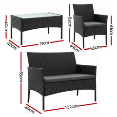 Gardeon 4-Piece Outdoor Sofa Set with Two Pillows Rattan Furniture Black