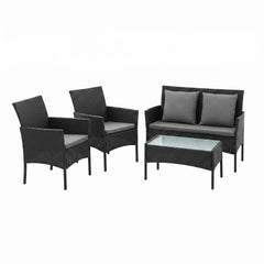 Gardeon 4-Piece Outdoor Sofa Set with Two Pillows Rattan Furniture Black