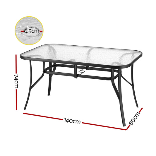 Gardeon 140CM Outdoor Dining Table Steel Frame Tempered Glass Parasol Hole Black