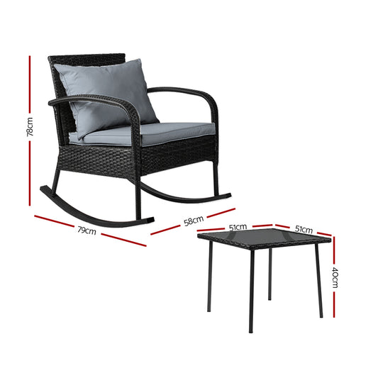 Gardeon 3PC Rocking Chair Table Wicker Outdoor Furniture Patio Bistro Set Black