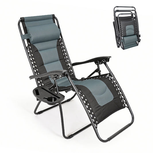 Foldable Zero Gravity Chair 90-170 Degree Adjustable Reclining Lounge Chair with Headrest Foot Rest and Cup Holder Outdoor Patio Recliner Max Load 180kg