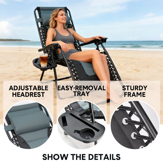 Foldable Zero Gravity Chair 90-170 Degree Adjustable Reclining Lounge Chair with Headrest Foot Rest and Cup Holder Outdoor Patio Recliner Max Load 180kg