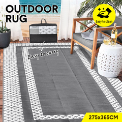 Large Outdoor Rug 275x365cm Weatherproof Plastic Weave Mat Washable Outside Solid Carpet Easy Care for Patio Deck Backyard Garden RV Camping Silver Grey
