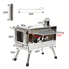 Outdoor Wood Burning Stove Multifunction Grill Hot Tent Stove with 5 Chimney Pipe and Side Window Portable Camping Stove for Cooking Heating Hiking