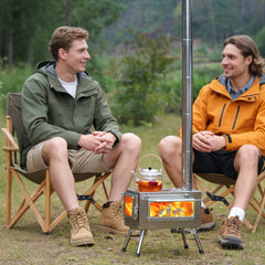 Outdoor Wood Burning Stove Multifunction Grill Hot Tent Stove with 5 Chimney Pipe and Side Window Portable Camping Stove for Cooking Heating Hiking